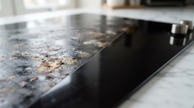 Dirty glass cooktop with burnt food stains, greasy induction stove hob in a modern kitchen, messy black ceramic stovetop surface