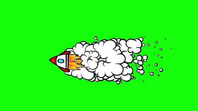 Rocket with trail flying cartoon animation seamless loop greenbox. Dynamic isolated business doodle or children animation style with smoke comic effect. Good for any space project. 
