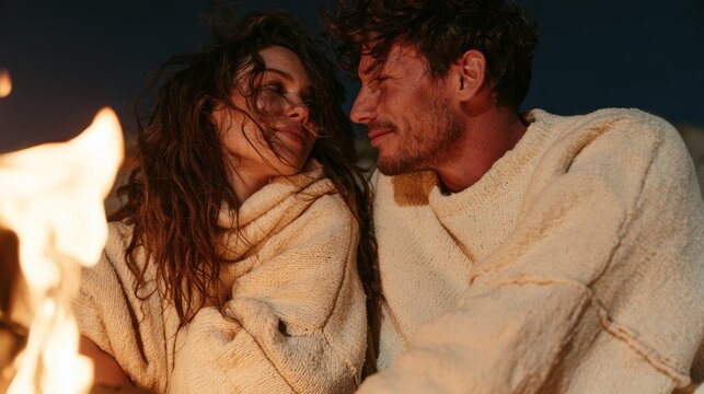Couple in Blanket Sharing an Emotional Moment Amidst Fire