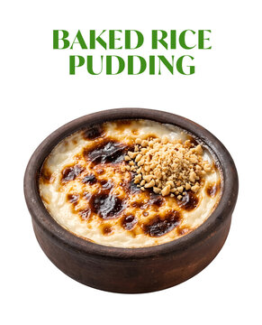 Turkish baked rice pudding sutlac served inside a rustic clay bowl topped with crushed hazelnut crumbs