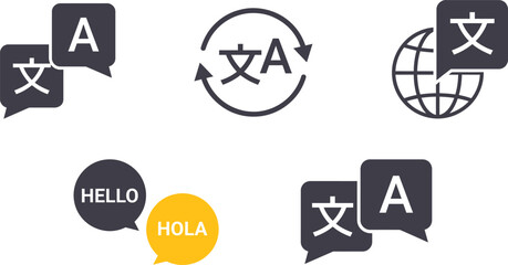 Language translation and communication speech bubble icons set with black and white translation language communication translator conversation alphabet interface international © Romzain