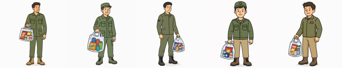Obraz premium A set of vector illustrations showing a soldier carrying a transparent plastic bag filled with snacks and canned drinks.