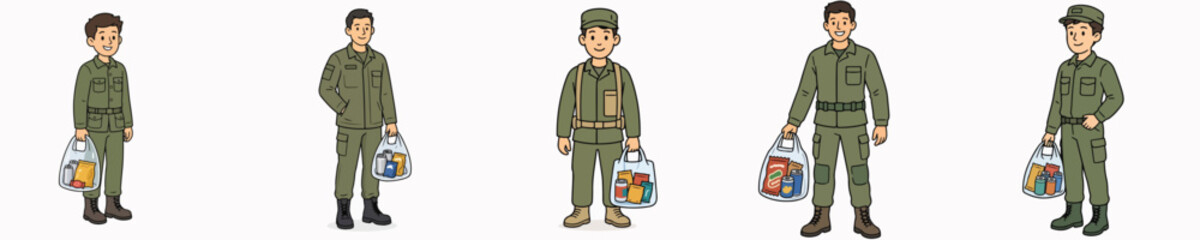 Obraz premium A set of vector illustrations showing a soldier carrying a transparent plastic bag filled with snacks and canned drinks.