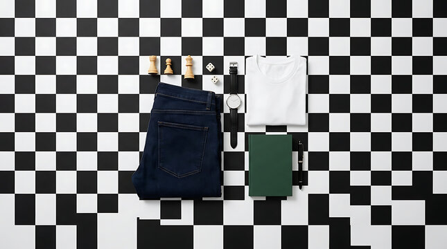 Minimalist flat lay composition with clothing accessories and objects on a black and white checkerboard background checkerboard notebook accessories