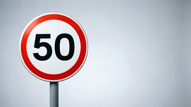 Circular speed limit sign with number 50 on soft gray gradient background