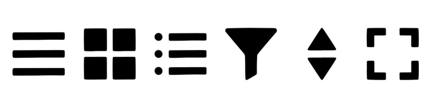 Minimalist black user interface icons featuring menu grid list and filter symbols