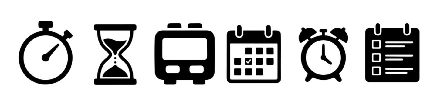 Minimalist black time management and schedule icons set representing productivity