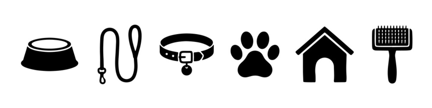 Minimalist black pet care icons set featuring bowl leash collar and house symbols