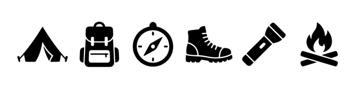 Minimalist camping icon set featuring tent backpack compass boot flashlight and campfire silhouettes