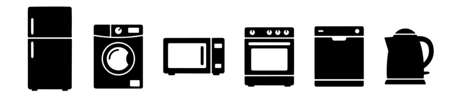 Minimalist household kitchen appliances icons set featuring refrigerator and washer in vector style