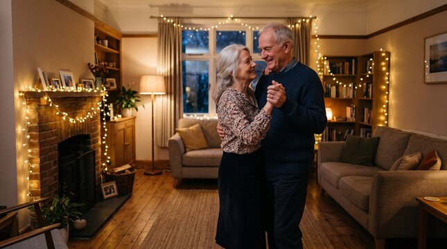 Elderly couple dancing romantically in a cozy living room decorated with fairy lights
