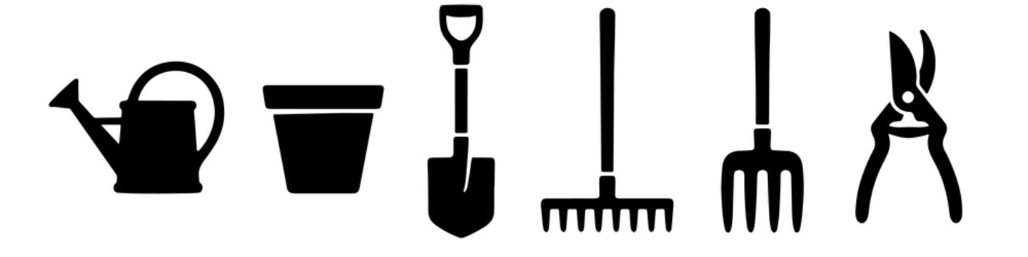 Minimalist black garden tools icons set featuring watering can shovel rake fork and shears
