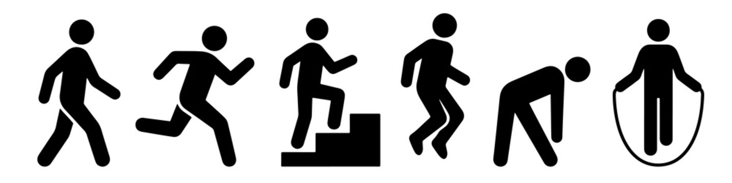 Minimalist black icons showing different physical activities and fitness exercises