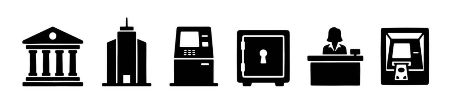 Minimalist black banking and finance icon set featuring building atm safe and teller symbols