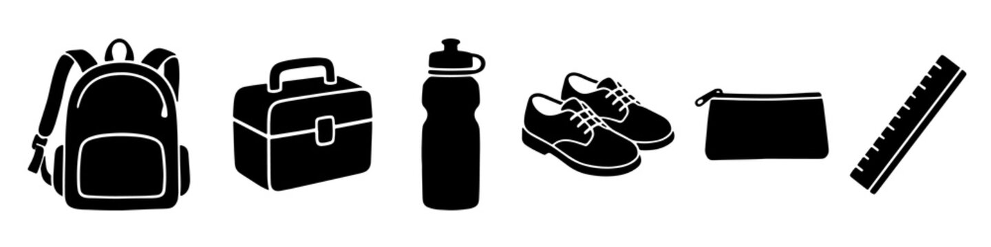 Minimalist school supplies icons set featuring backpack and lunchbox silhouettes