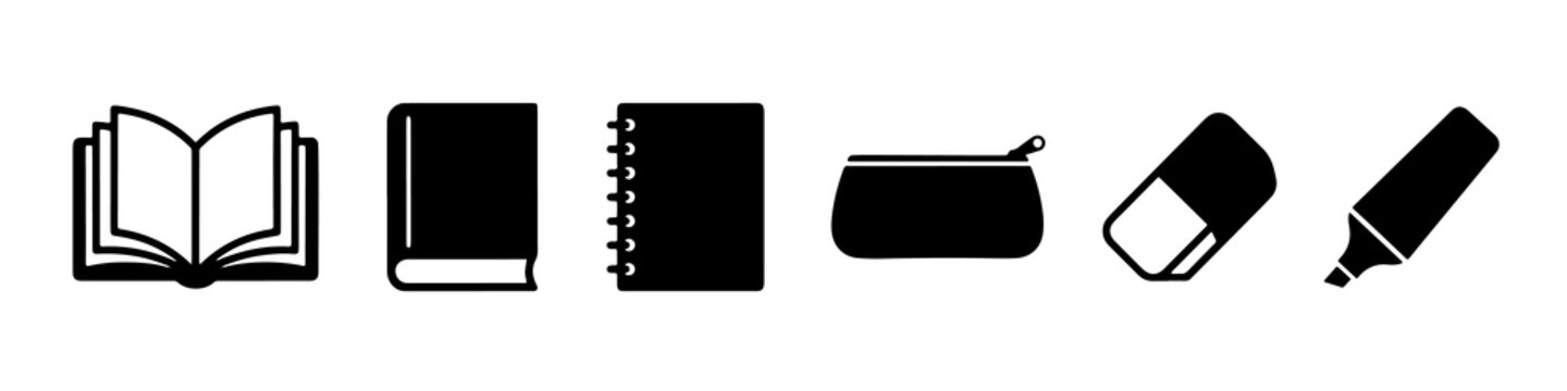 Minimalist black school supplies icons featuring books and stationery set isolated on background
