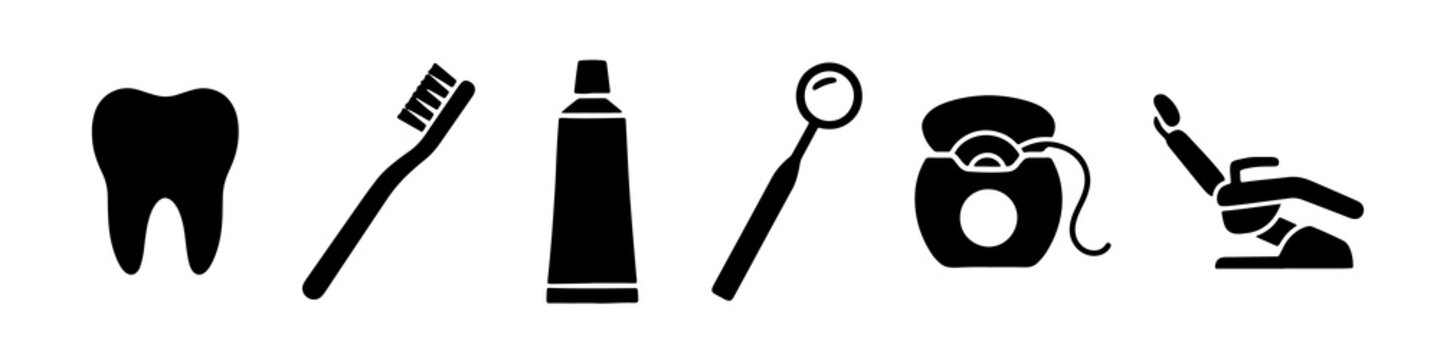 Minimalist dental care icons set featuring tooth toothbrush and tools in black silhouette style