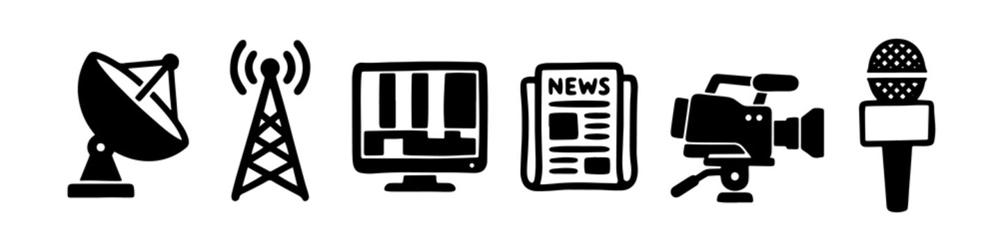 Minimalist black media icons featuring broadcast equipment and journalism symbols