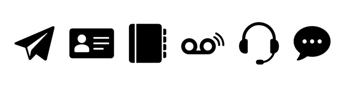 Minimalist black communication and contact icons set featuring paper plane and headset