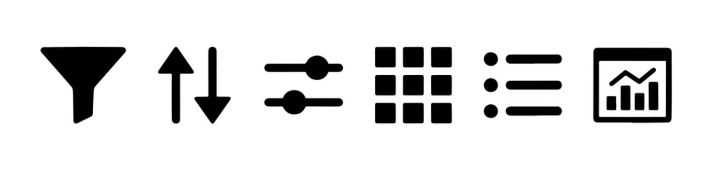 Minimalist digital interface icons set featuring filter sort sliders grid list and graph symbols