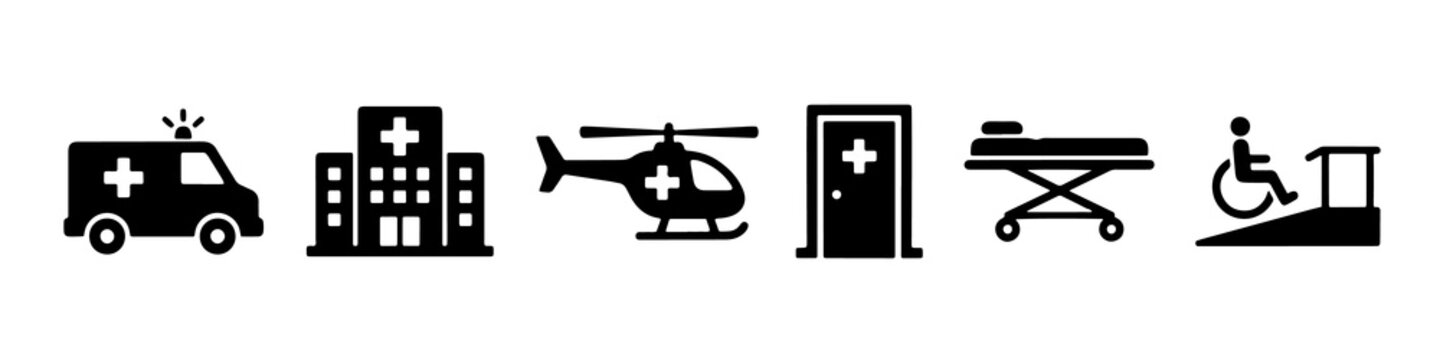 Minimalist black medical and emergency service icons set featuring vehicle and healthcare symbols