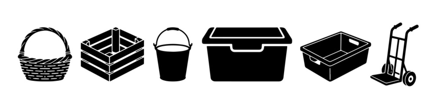 Minimalist black icons set featuring cargo containers and transport tools in vector style
