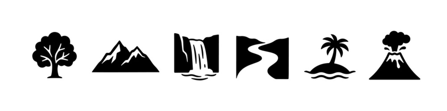Minimalist nature icons featuring tree mountain waterfall river palm island and volcano symbols