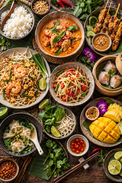 Top-view Southeast Asian cuisine spread featuring pad Thai, spicy noodle dishes, spring rolls, dumplings, mango sticky rice and assorted traditional meals