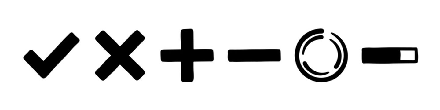 Minimalist hand drawn checkmark cross plus minus icons set in bold black ink outline