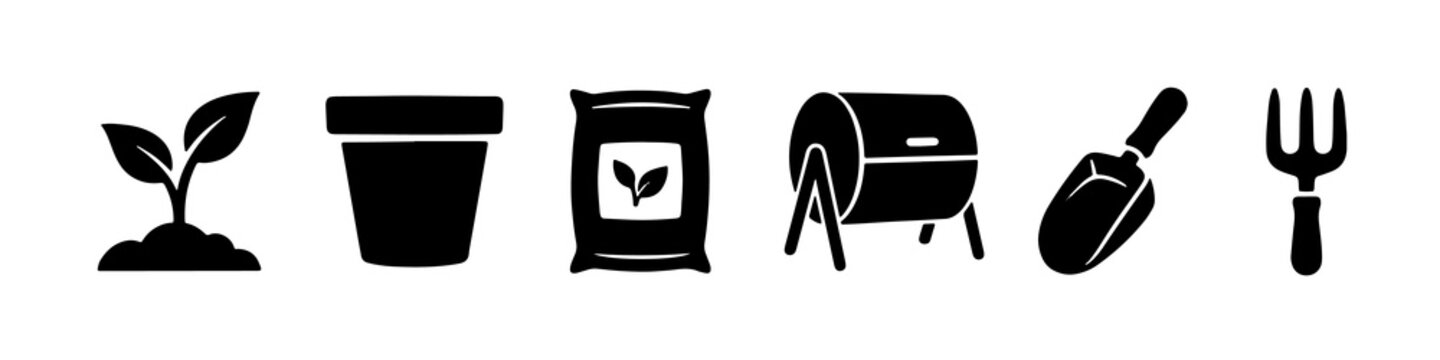Minimalist black garden icons featuring gardening tools and plants in vector style