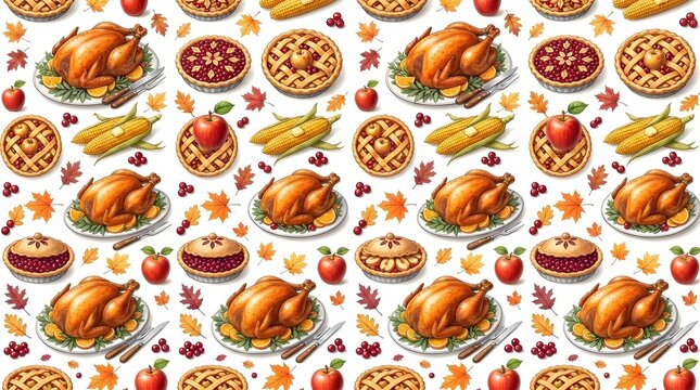 Delicious thanksgiving turkey and pie feast seamless pettern with autumn decorations