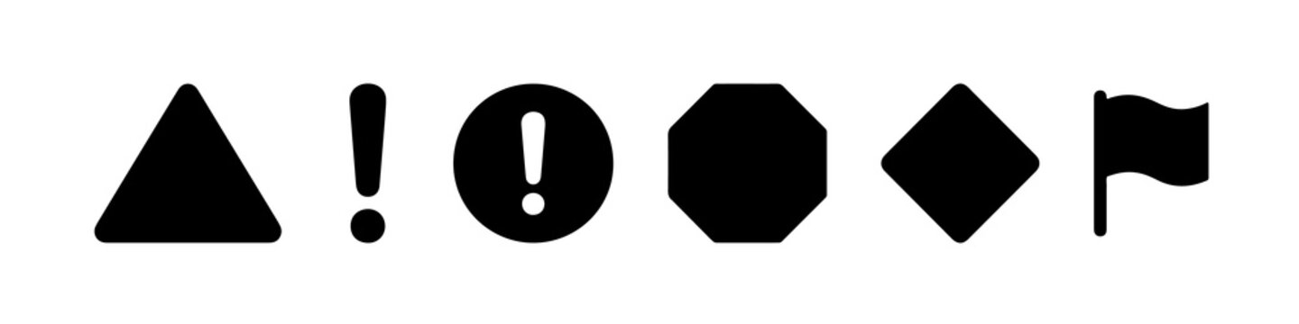 Minimalist black road traffic sign icons set featuring various geometric shapes and symbols
