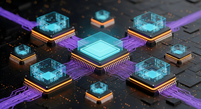 Central processing unit connected to multiple microchips with glowing purple data transfer lines on board