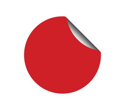 Red circle sticker with folded corner isolated on white background. Blank round label with curled edge and 3D realistic design. Peeling tag element for price, sale, and badge templates.