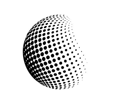 Halftone dotted sphere isolated on white background. Black and white circle pattern with gradient dot texture design. Abstract geometric globe element for logo, print, and poster templates.