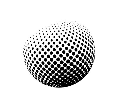 Halftone dotted sphere isolated on white background. Black and white circle pattern with gradient dot texture design. Abstract geometric globe element for logo, print, and poster templates.