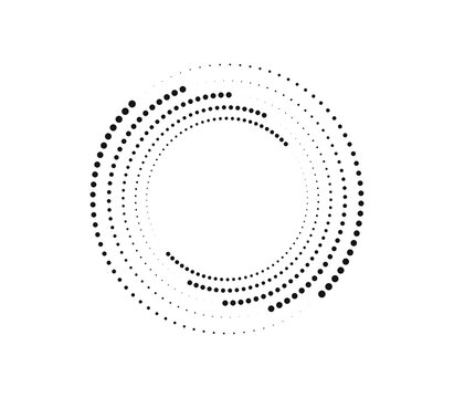 Black dashed circle rings isolated on white background. Abstract halftone dotted frame with concentric ring pattern design. Technology circle element for logo, banner, and futuristic templates.