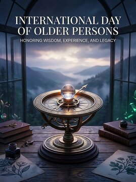 International day of older persons poster with vintage armillary sphere and books in library for wisdom and legacy honoring.