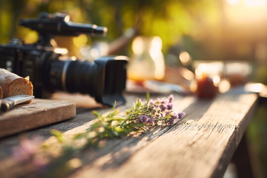 Professional video camera recording food scene on wooden table outdoors. Filmmaking equipment in garden at sunset. Content creation concept