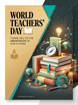 World teachers' day poster features books, globes, and school supplies in a golden and teal theme, celebrating educators.