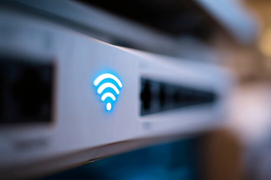 Close-up of a white internet router with a glowing blue Wi-Fi symbol. Wireless network connection device