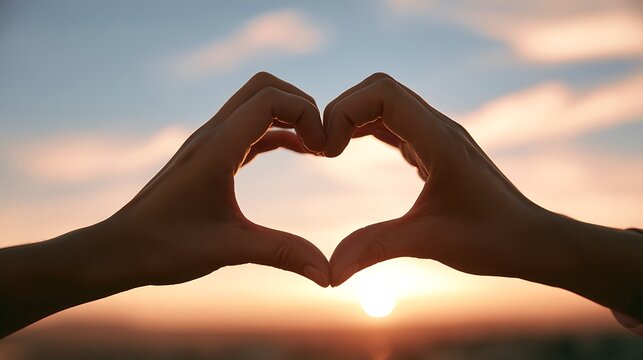 Hands forming heart shape against sunset sky