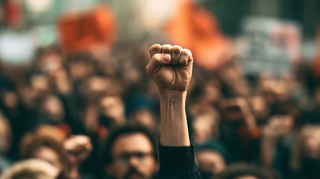 Raised fist at a protest crowd