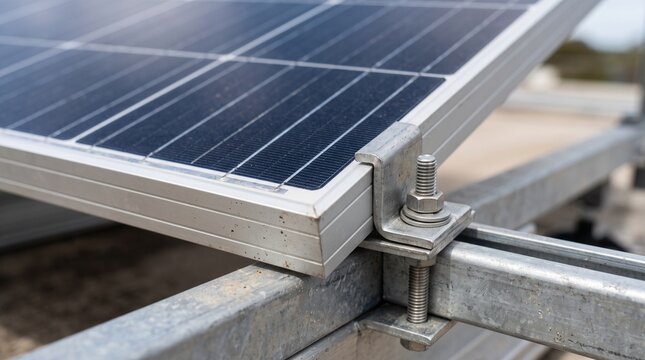 Solar panel mounting bracket system attached to metal support structure on a sunny day outdoor installation