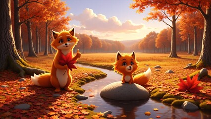 Fototapeta premium Cheerful Fox with Maple Leaf and Thumbs Up in Autumn Forest