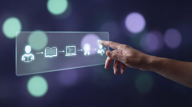 Digital learning path concept, hand touching virtual screen with education icons, online training and professional development process