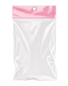 Empty transparent plastic zip lock bag with pink header as isolated on transparent background