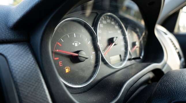 Fuel gauge showing low gas level indicator light on car dashboard during a morning commute drive
