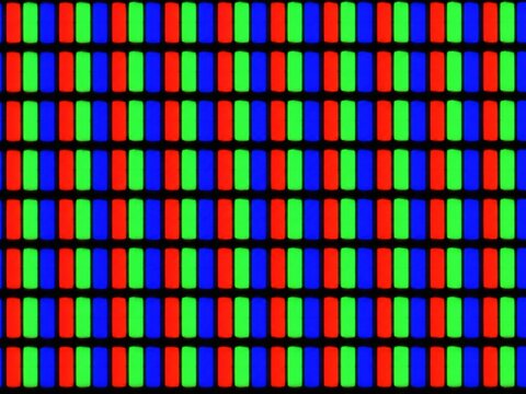 Macro view of an LCD screen pixel grid displaying individual red, green, and blue subpixels