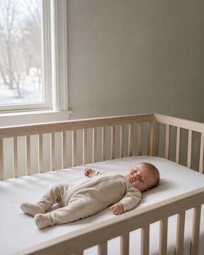Newborn baby sleeping in a wooden crib indoors on a snowy day